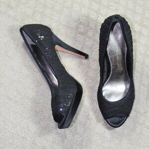 Antonio Melani Size 10M Black Ruched Fabric Over Sequins Platform Stiletto Heels